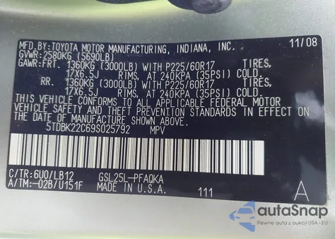 2009 Toyota Sienna Limited from USA, damaged, VIN 5TDBK22C69S025792